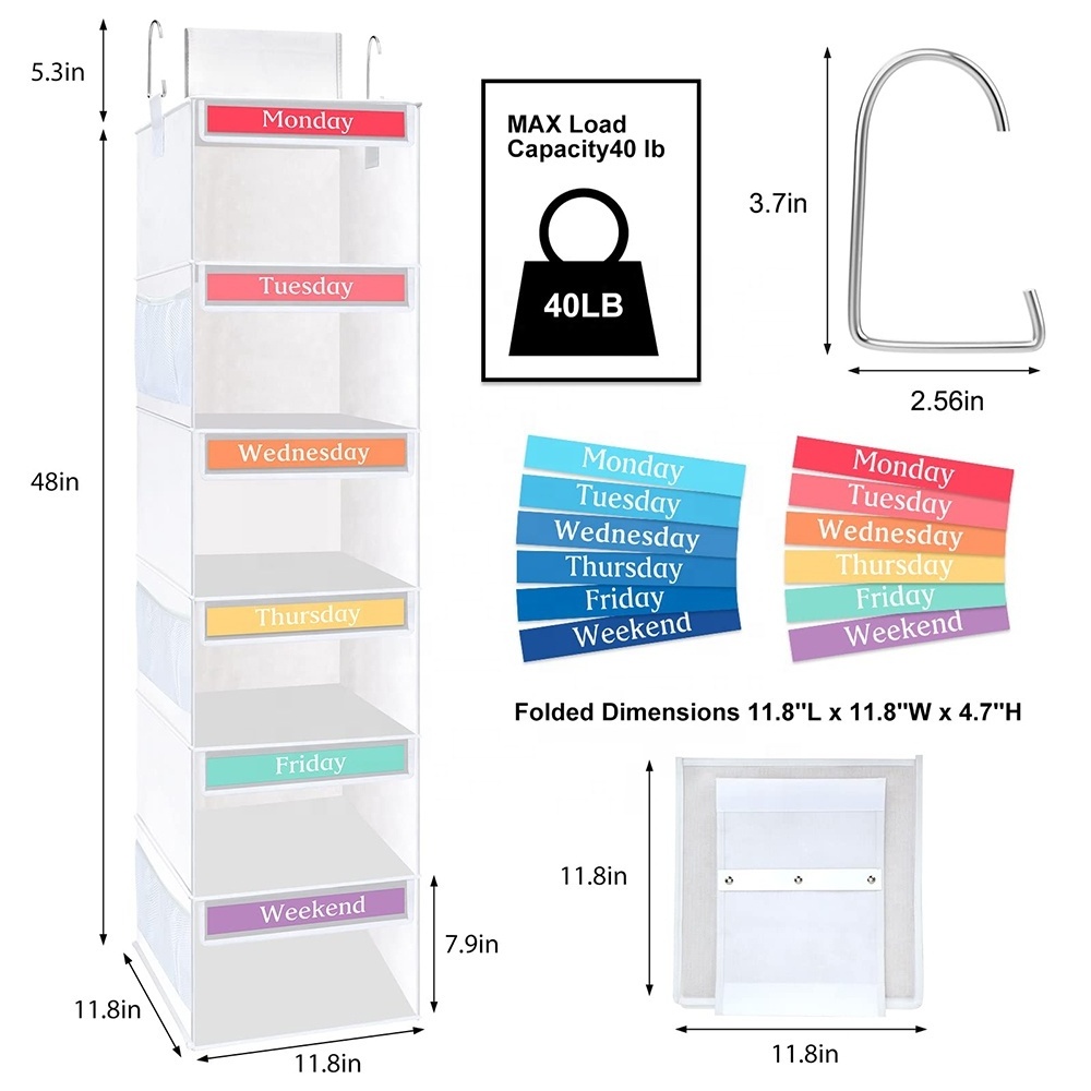 Collapsible Weekday Closet Daily Clothes Organizer Hanging Storage Shelves 6-Shelf Hanging Closet Organizer