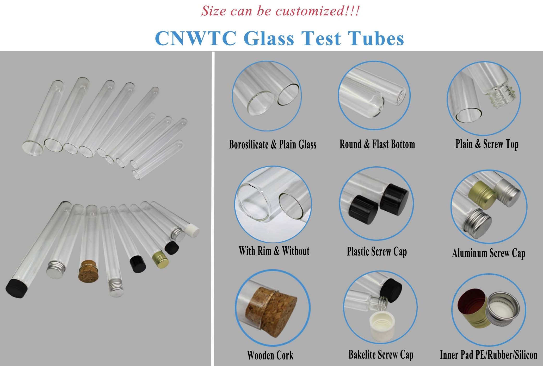 Food grade customized borosilicate 3.3 glass test tube with screw cap bakelite wooden Aluminum