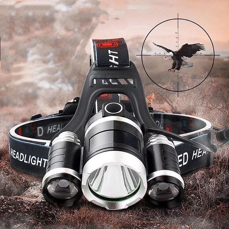 Strong light outdoor charging three lamp head long range 3000 wearing flashlight super bright night fishing and mining lamp