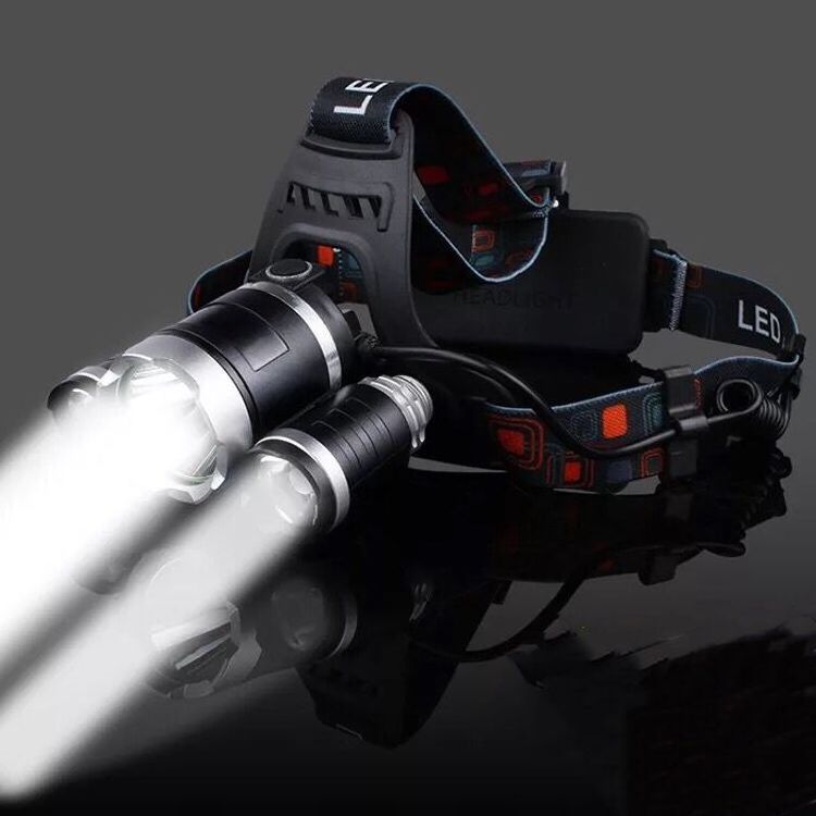 Strong light outdoor charging three lamp head long range 3000 wearing flashlight super bright night fishing and mining lamp