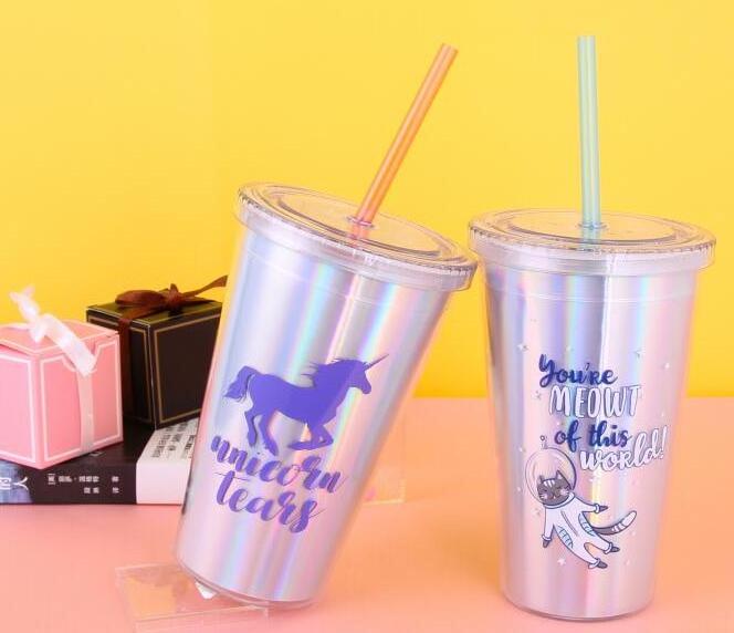 Custom Logo Plastic Coffee Portable reusable cup glitter insert tumbler with dome lids and straws