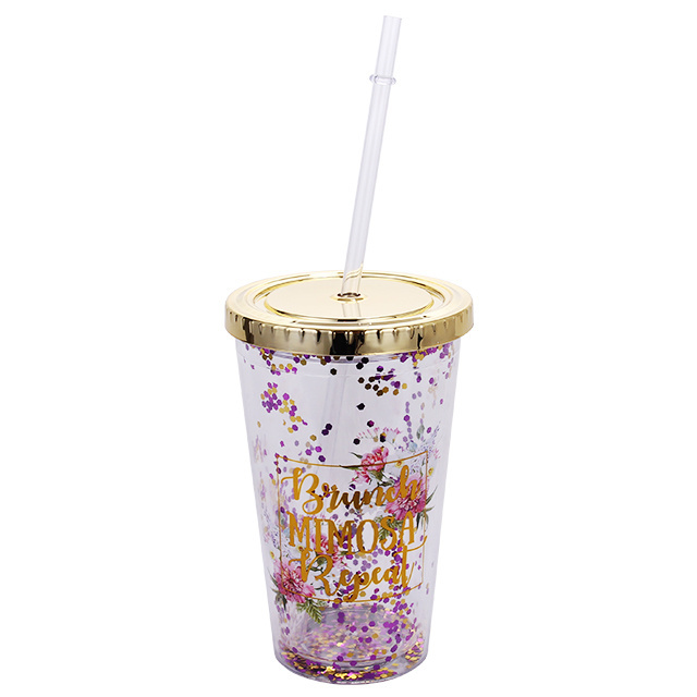 Custom Logo Plastic Coffee Portable reusable cup glitter insert tumbler with dome lids and straws