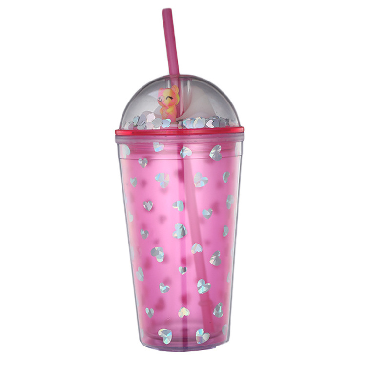 Custom Logo Plastic Coffee Portable reusable cup glitter insert tumbler with dome lids and straws