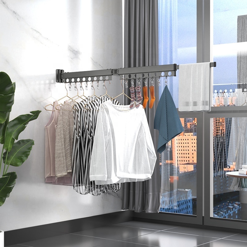 Wall Mounted Trifold Laundry Space Saving Aluminum Home Extend Folding Clothes Dying Hanger Rack Clothes With Hooks