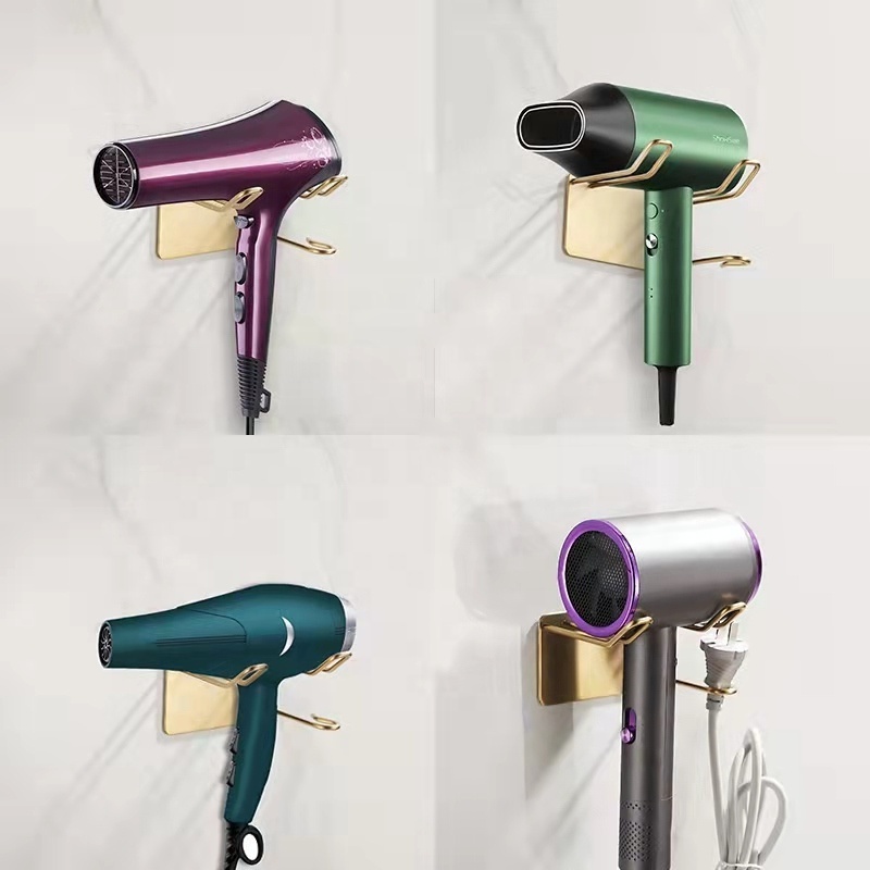 Punch Free Bathroom Stainless Steel Hair Dryer Tools Storage Holders Metal Wall Mounted Shelf Organizer Gold