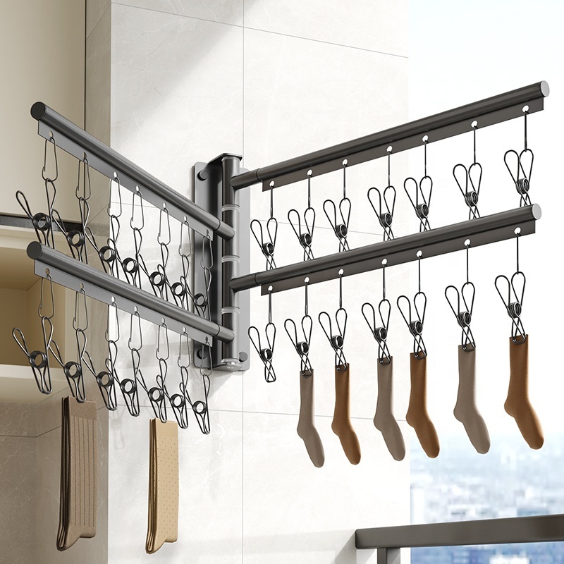 Gun Grey Wall Mounted Retractable Bracket Space Aluminum Sock Drying Towel Rack Folding White