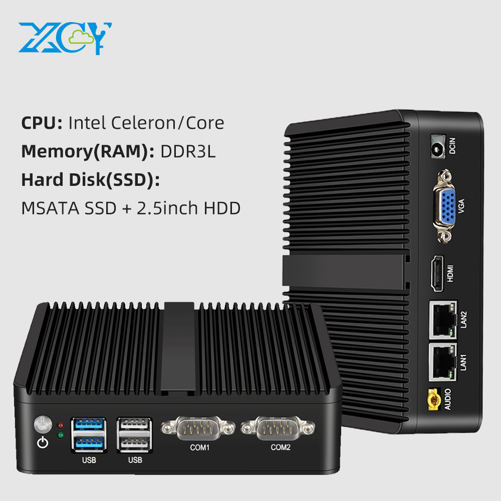 XCY fanless mini pc desktop J4125 J1900 3805U i3 i5 5200U NUC mini pc win10 linux with Dual RS232 Dual Lan industrial computer