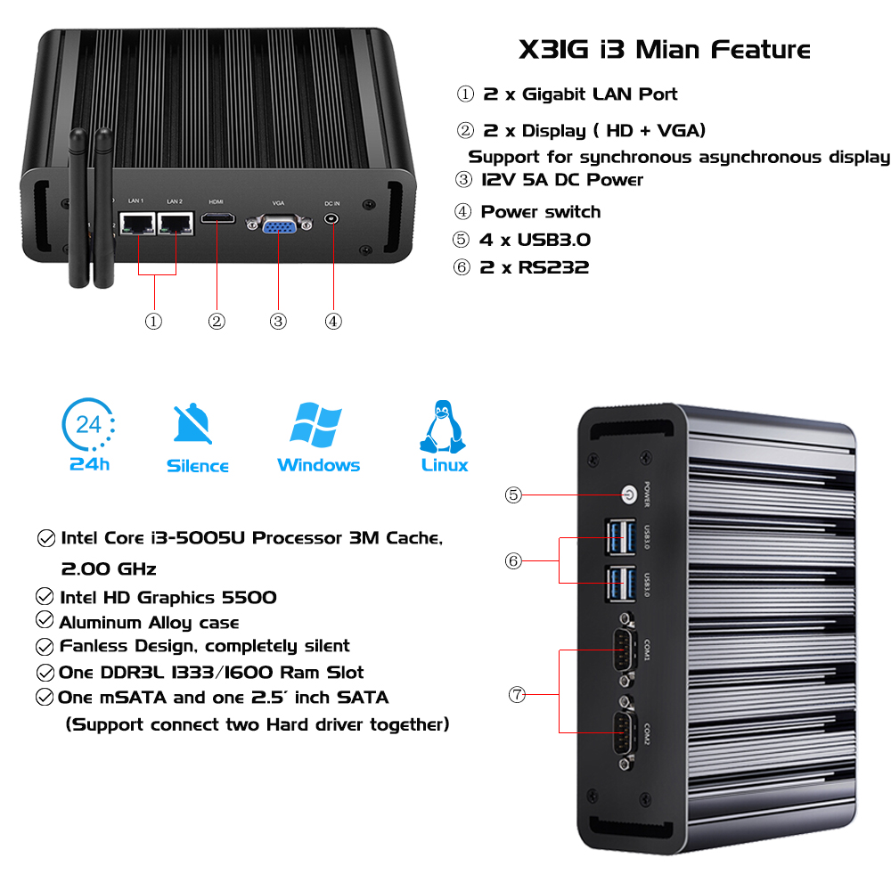 XCY Fanless Mini industrial Computers Intel Core i5 5200U Dual Ethernet 2x COM RS232 Linux