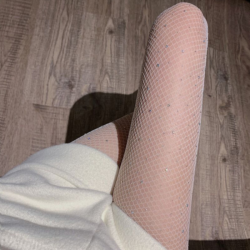 White Girl Silicone Strip Anti Slip Fish Net Stockings Sexy Women Anti Fall Off Nylon Knee High Rhinestone Fishnet Stockings