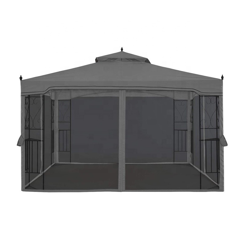 10' x 10' Steel Outdoor Patio Gazebo Garden Canopy with Removable Mesh Curtains Beige Top Cloth