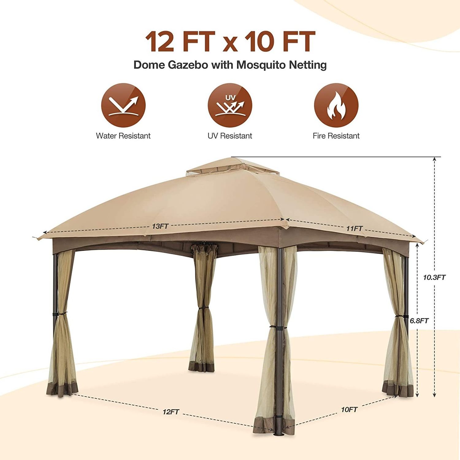 10x12 Two-Tier Vented Top for Backyard Garden Lawn Patio Dome Gazebo with Mosquito Netting