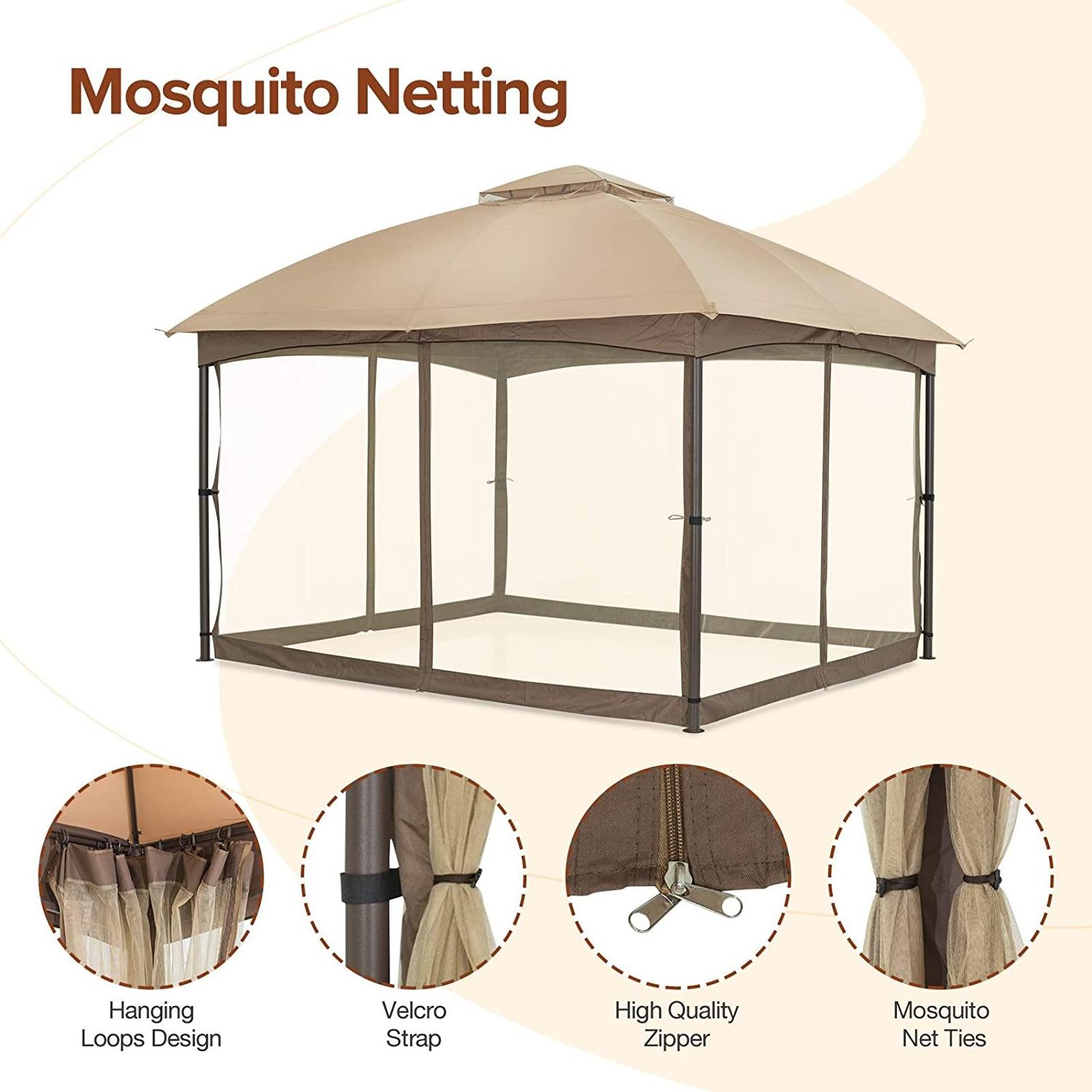 10x12 Two-Tier Vented Top for Backyard Garden Lawn Patio Dome Gazebo with Mosquito Netting