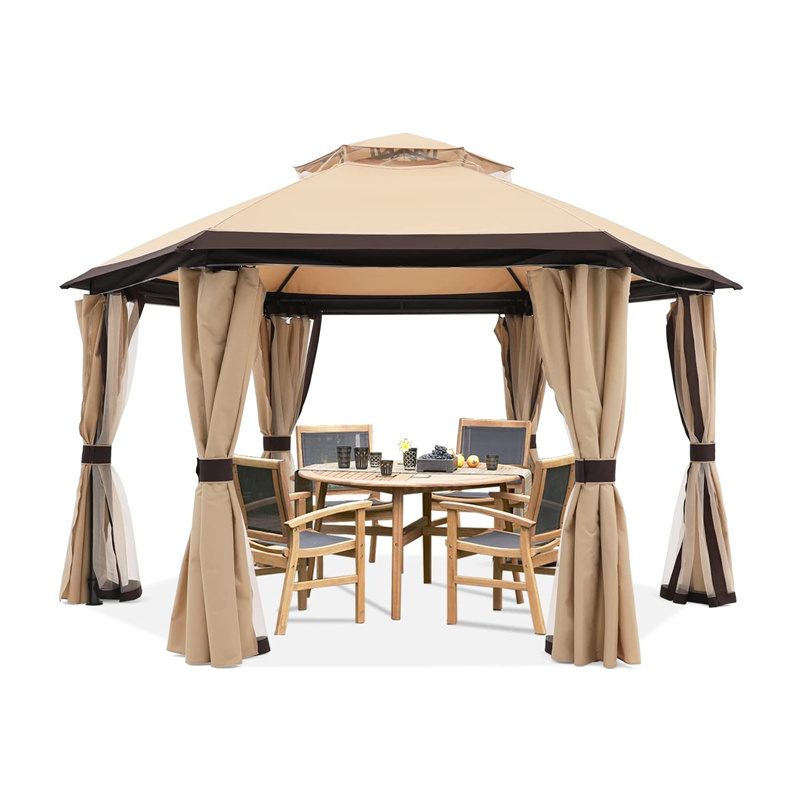 10x10ft Gazebos for Patios Outdoor Hexagonal Gazebo with Netting and Privacy Curtains