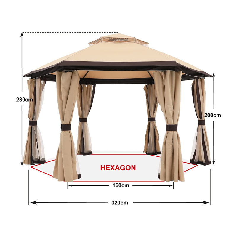 10x10ft Gazebos for Patios Outdoor Hexagonal Gazebo with Netting and Privacy Curtains