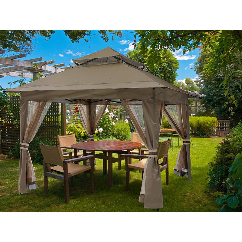 13x13ft Outside Garden Brown Patio Gazebo Outdoor Pop Up Metal Gazebo with Mesh Walls