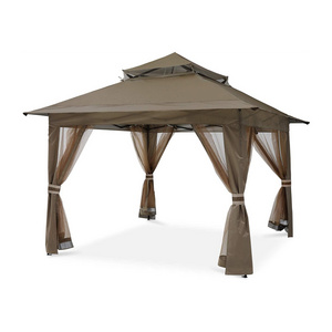 13x13ft Outside Garden Brown Patio Gazebo Outdoor Pop Up Metal Gazebo with Mesh Walls