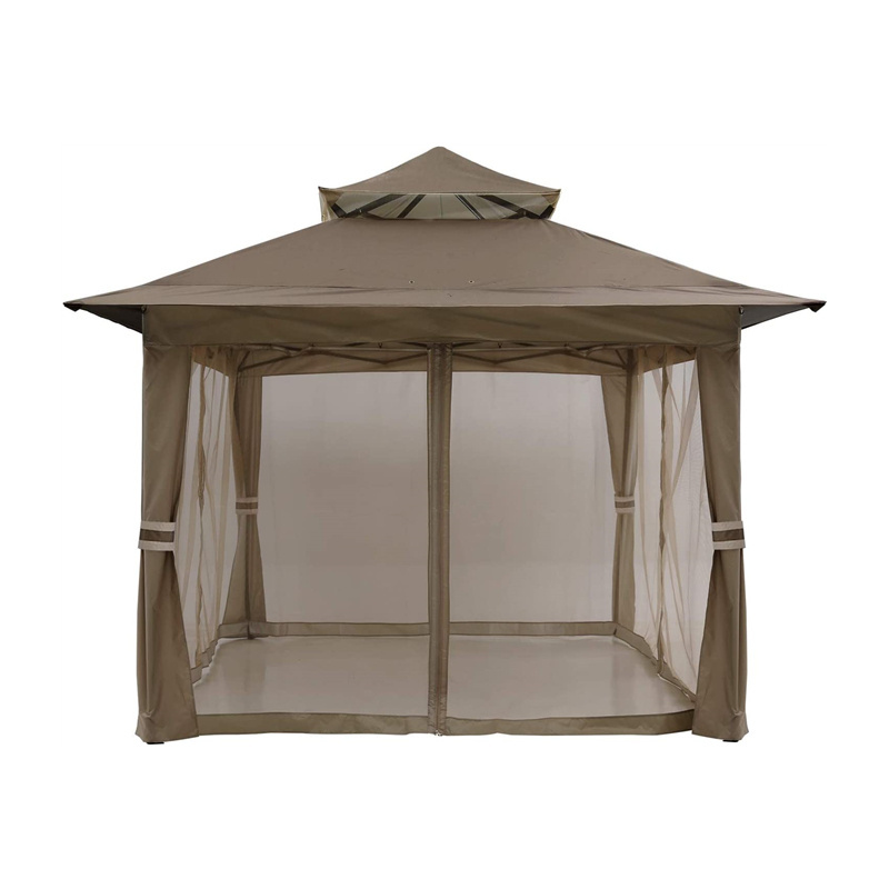 13x13ft Outside Garden Brown Patio Gazebo Outdoor Pop Up Metal Gazebo with Mesh Walls