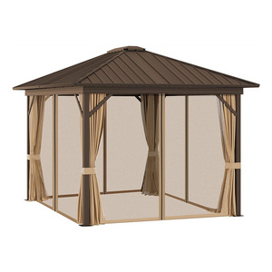 10' x 12' Galvanized Steel Roof Hardtop Cover Gazebo with Netting and Curtains