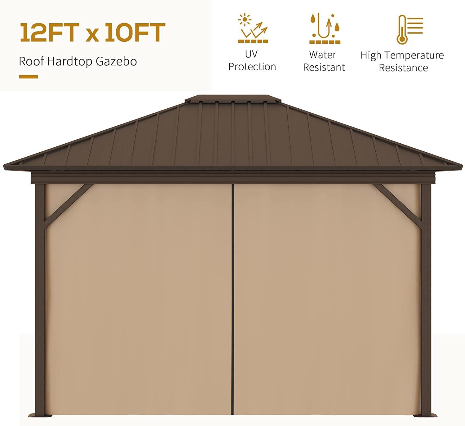 10' x 12' Galvanized Steel Roof Hardtop Cover Gazebo with Netting and Curtains