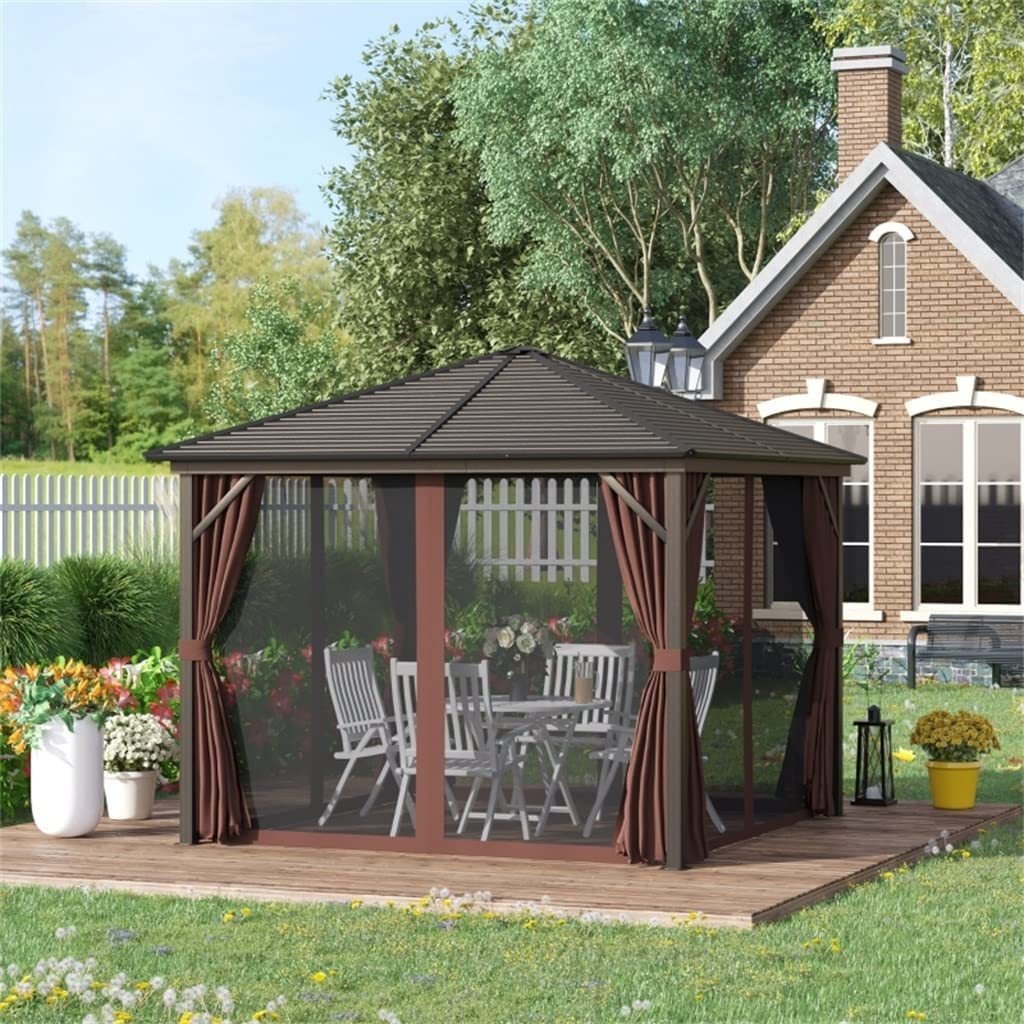 10'x10' Patio  Aluminum Frame Metal Roof Outdoor Hardtop Gazebo Canopy with Curtains and Netting