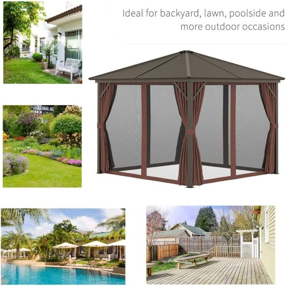 10'x10' Patio  Aluminum Frame Metal Roof Outdoor Hardtop Gazebo Canopy with Curtains and Netting