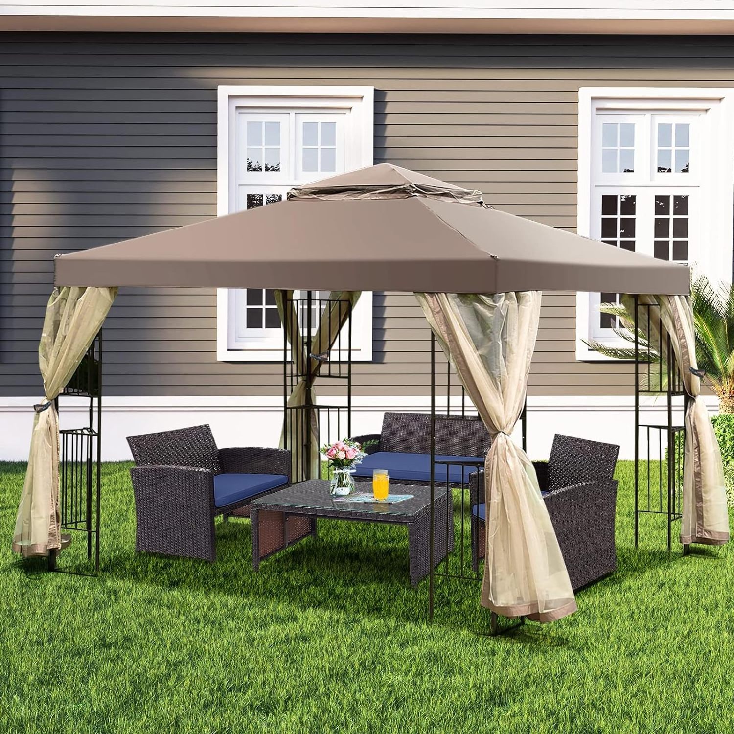 10x10 Ft Patio Gazebo Double Mesh Vent Steel Gazebo with Netting 4 Storage Shelves Outdoor Gazebo Shelter Lawn Backyard