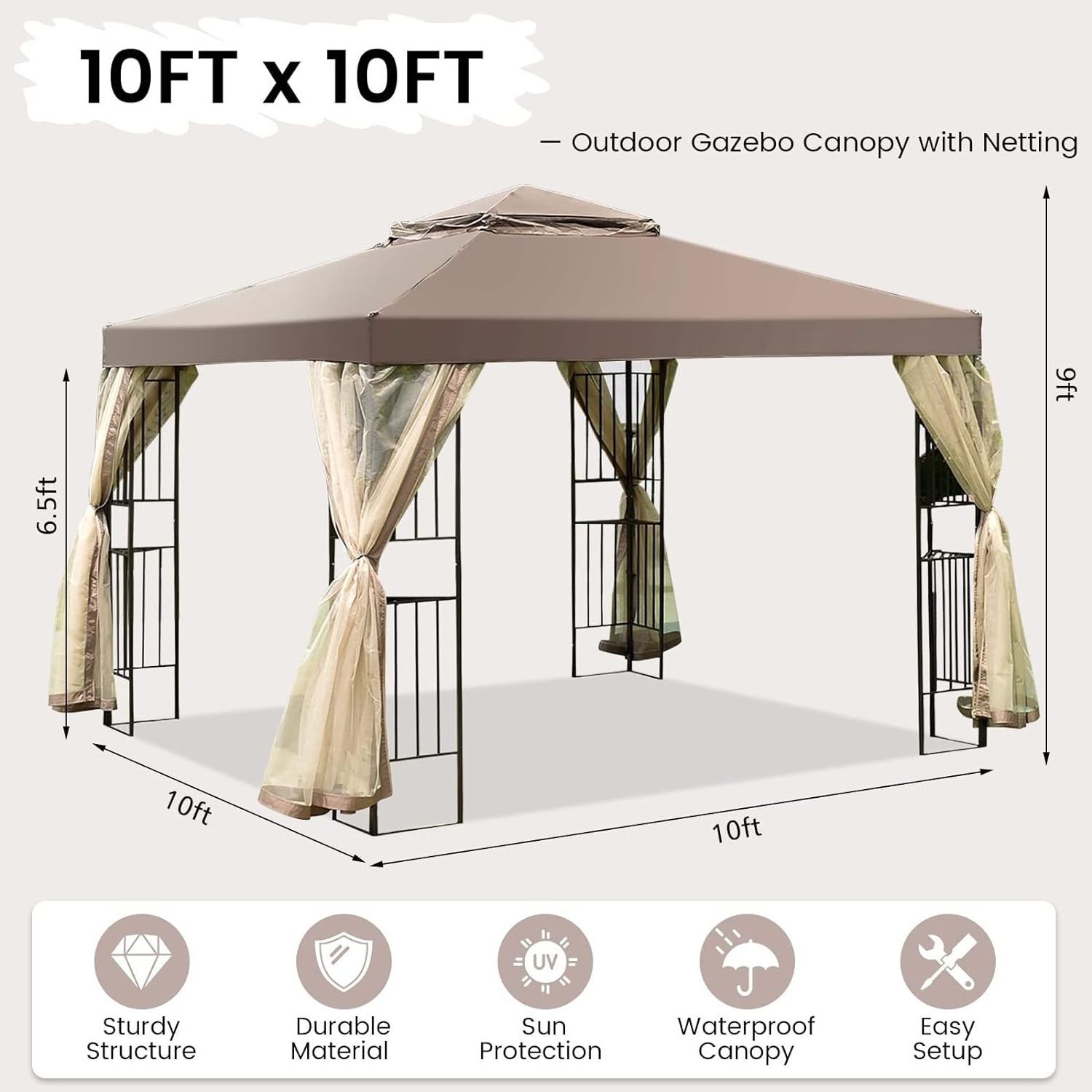 10x10 Ft Patio Gazebo Double Mesh Vent Steel Gazebo with Netting 4 Storage Shelves Outdoor Gazebo Shelter Lawn Backyard