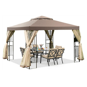 10x10 Ft Patio Gazebo Double Mesh Vent Steel Gazebo with Netting 4 Storage Shelves Outdoor Gazebo Shelter Lawn Backyard