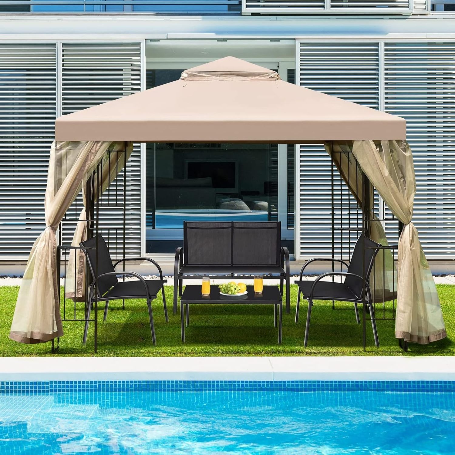 10x10 Ft Patio Gazebo Double Mesh Vent Steel Gazebo with Netting 4 Storage Shelves Outdoor Gazebo Shelter Lawn Backyard