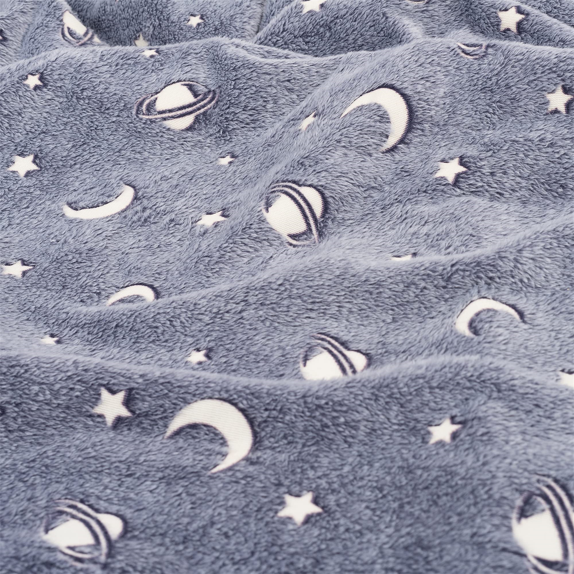 Glow In The Dark Flannel Kids Throw  Grey Stars Moon New Plush Furry Luminous Baby Blanket