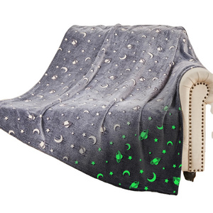 Glow In The Dark Flannel Kids Throw  Grey Stars Moon New Plush Furry Luminous Baby Blanket