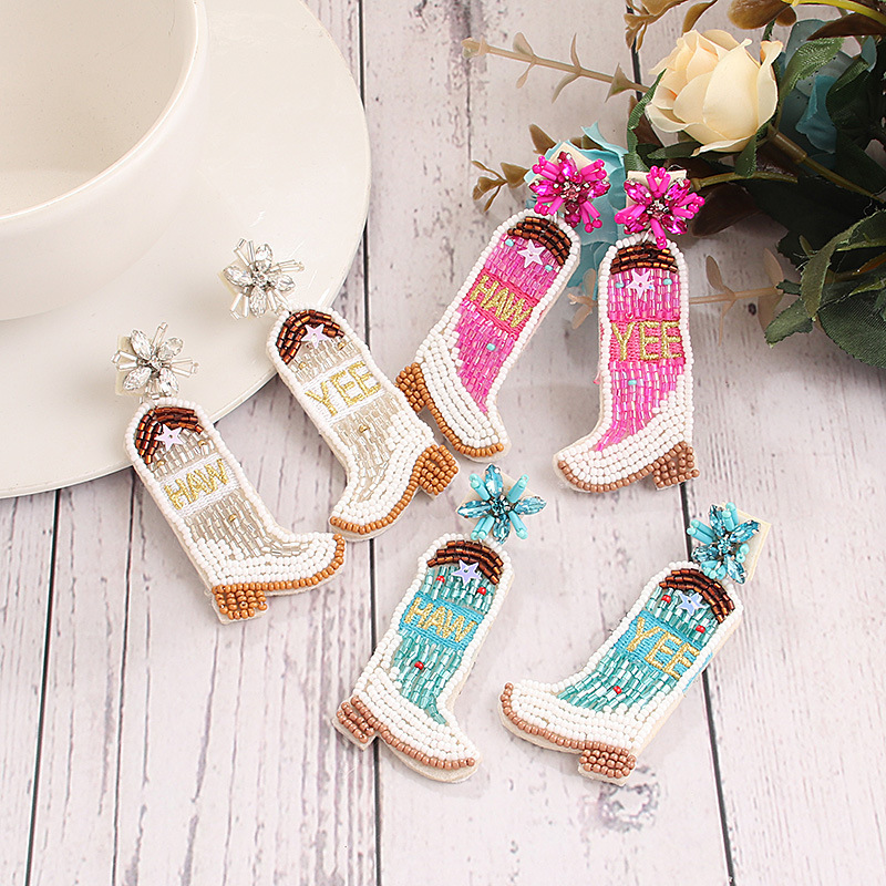 Hot Sale Exaggerated Western Cowboy Glass Seed Bead Boots Earrings Handmade Beaded Ear Studs