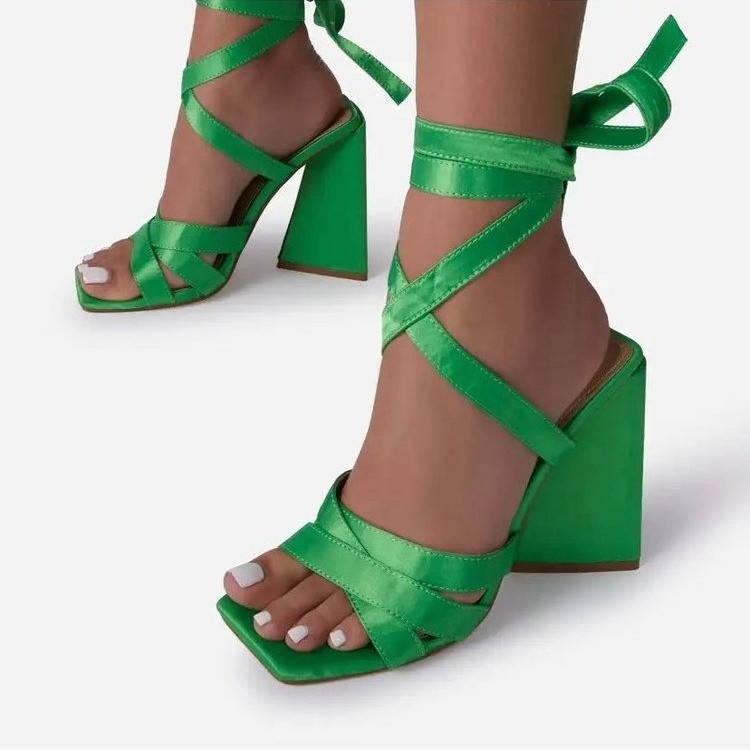 Size 36-43 New Arrival Black Green Lace Up Triangle High Heels Trendy Designer Triangle Heels Sandals 856