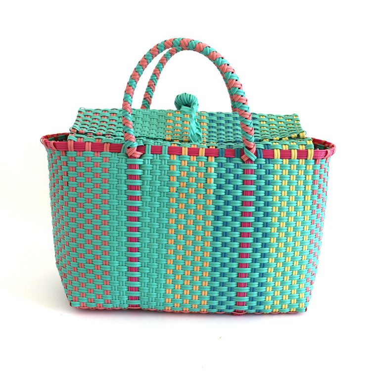 2023 wholesale Fashion Straw tote bag  plastic woven vegetable basket market bag