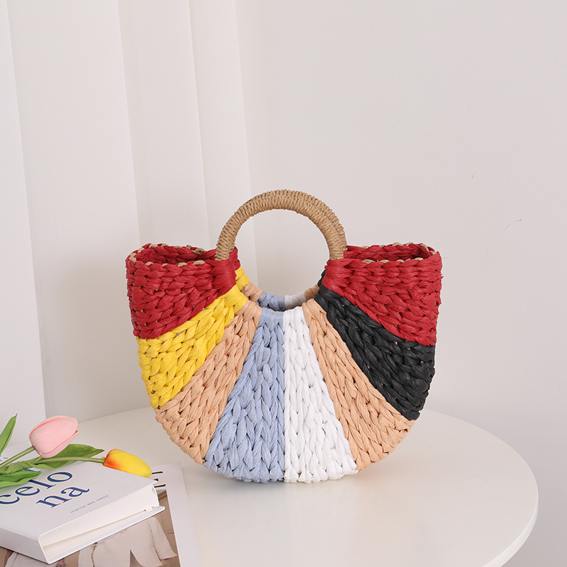 OEM Handmade Half-Round Rattan Woven Straw Bag Summer Women Messenger Crossbody Bags Girls Lady Small Beach Handbag