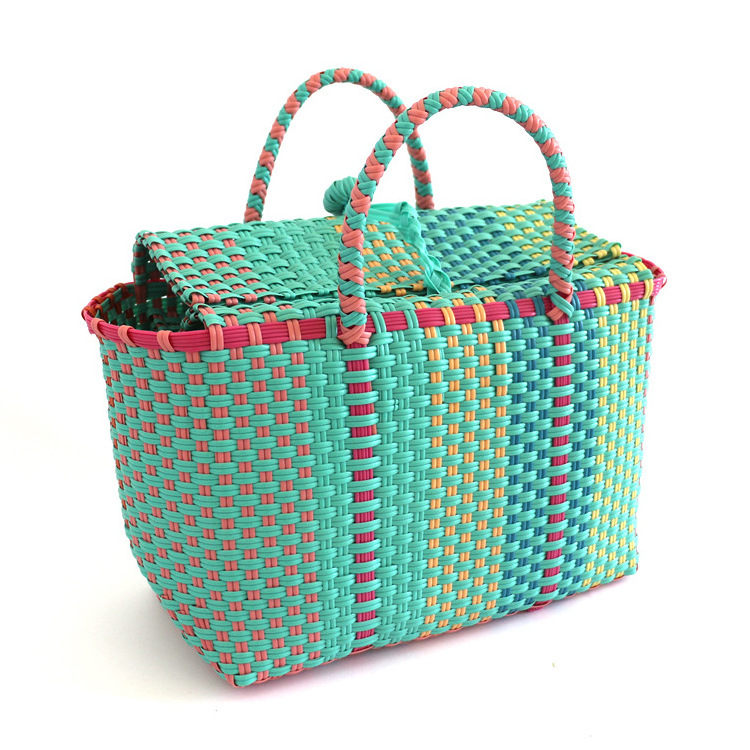 2023 wholesale Fashion Straw tote bag  plastic woven vegetable basket market bag