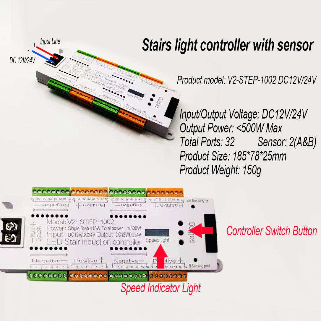 32-Step Stairs Lighting Control DC 12/24V PIR Sensor Staircase Light Controller 3M Body Motion Inductive Switches