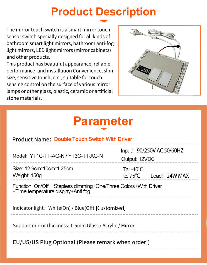 12W/24W Three/Single Colors With Time And Temperature Display Control For LED Mirror Touch Dimmer Sensor 2 Keys Switch