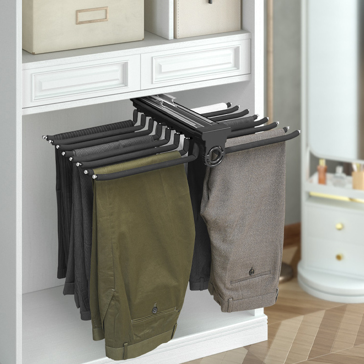 Pull Out Trousers Hanger Push-pull Damping Slide Rail Steel Two-Row Bar Clothes Organizers Top Mounted Pants Rack