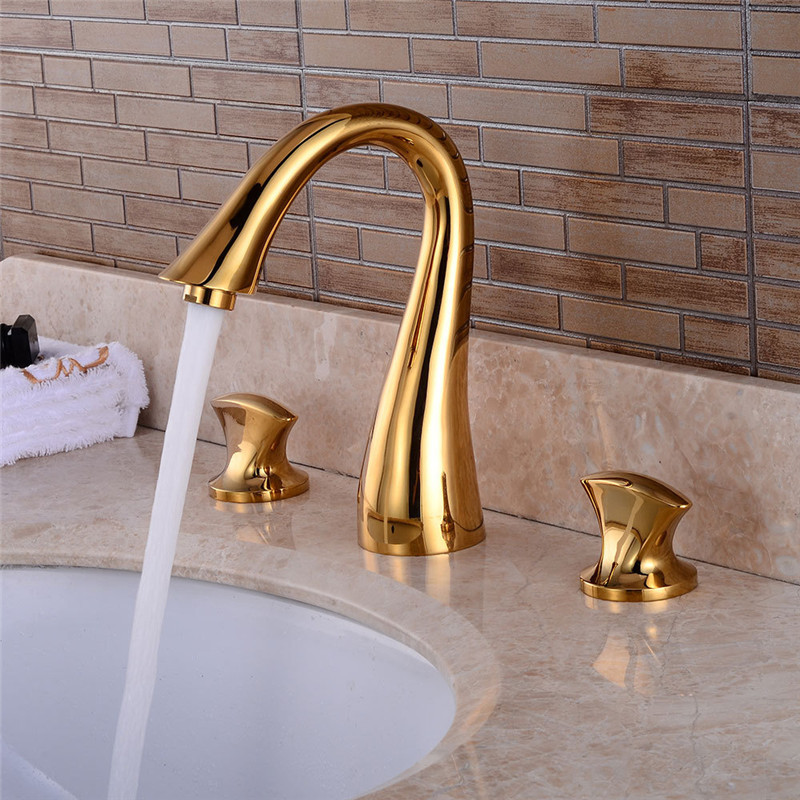 Gold 3 Holes Double Handle Faucet Brass Finished Deck Mounted Sink Basin Mixer Tap Water Faucets XiRi-8804 For Bathroom