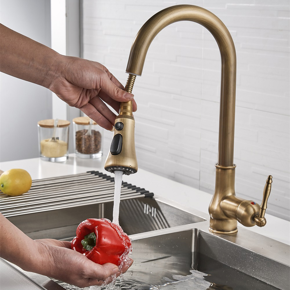 Antique Kitchen Faucet 3 Functions Pull-Out Wash Basin Faucet Retro Wash Basin Sink Retractable Splash-Proof XiRi-8870