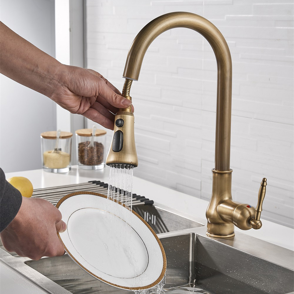 Antique Kitchen Faucet 3 Functions Pull-Out Wash Basin Faucet Retro Wash Basin Sink Retractable Splash-Proof XiRi-8870