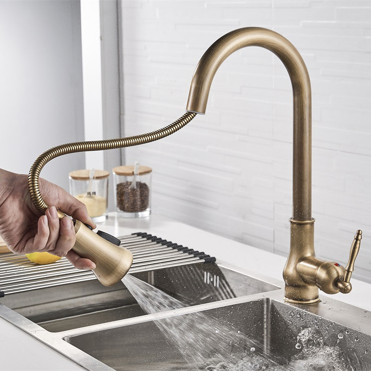 Antique Kitchen Faucet 3 Functions Pull-Out Wash Basin Faucet Retro Wash Basin Sink Retractable Splash-Proof XiRi-8870