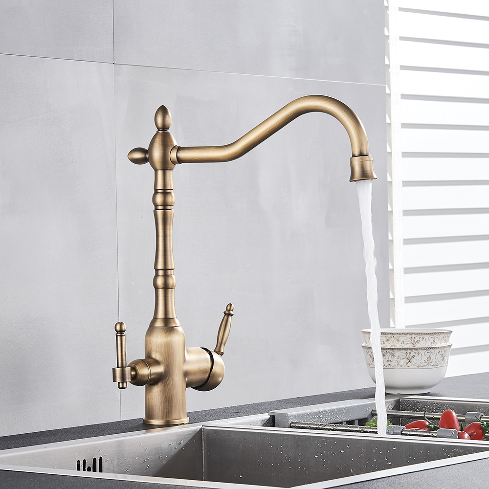 European Style Brass Antique Tap Rotatable Double Handle Multi-Function Purified Faucet Hot And Cold Mixed Kitchen Faucet A1622