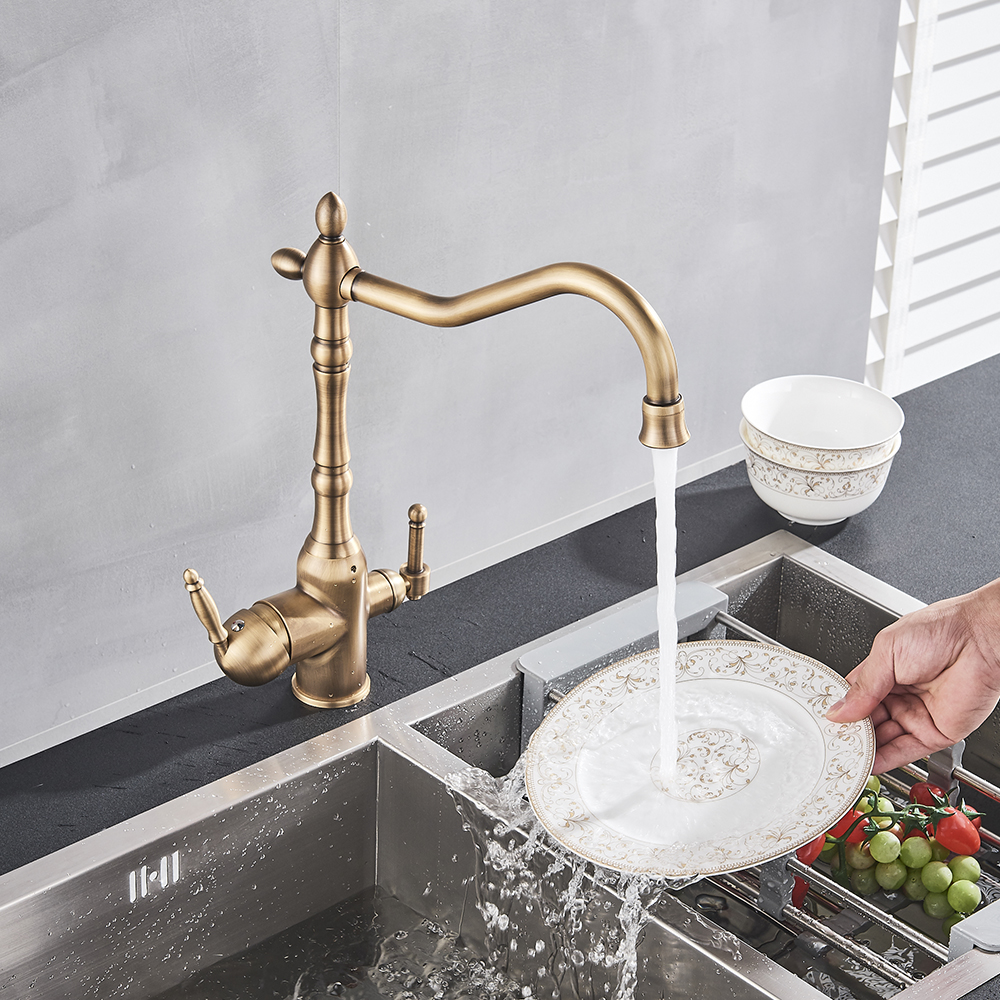 European Style Brass Antique Tap Rotatable Double Handle Multi-Function Purified Faucet Hot And Cold Mixed Kitchen Faucet A1622