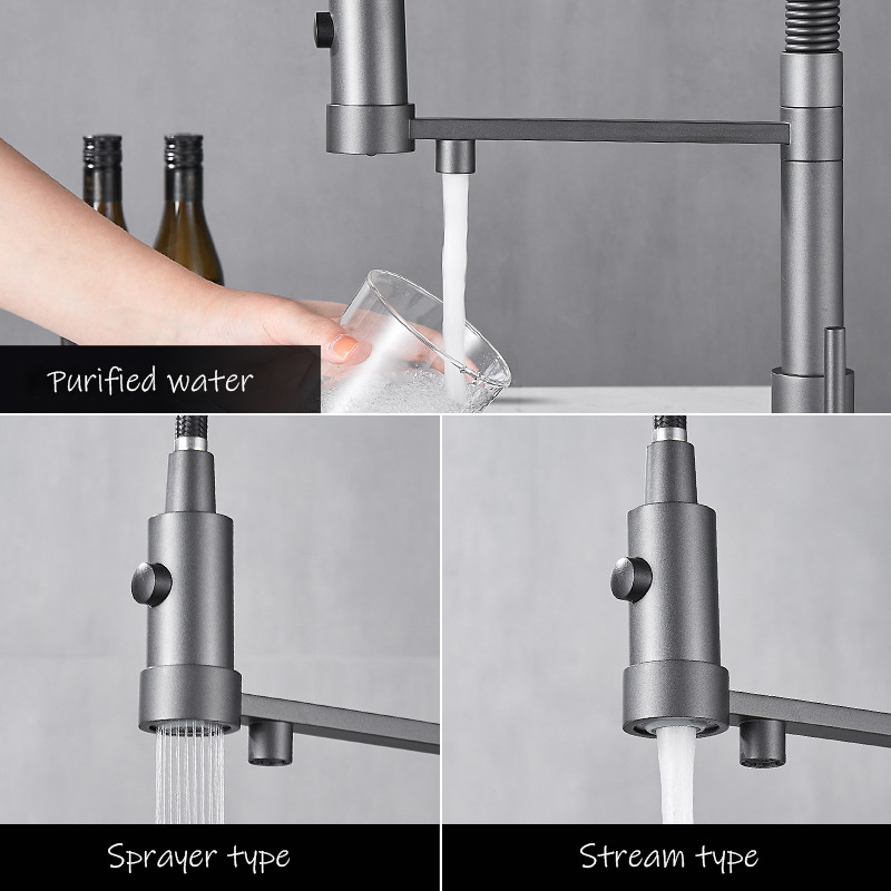 Kitchen Water Filter Faucet Grey Faucet Spring Spout Filter Faucet 360 Degree Rotation Water Purification Feature Taps KF2010