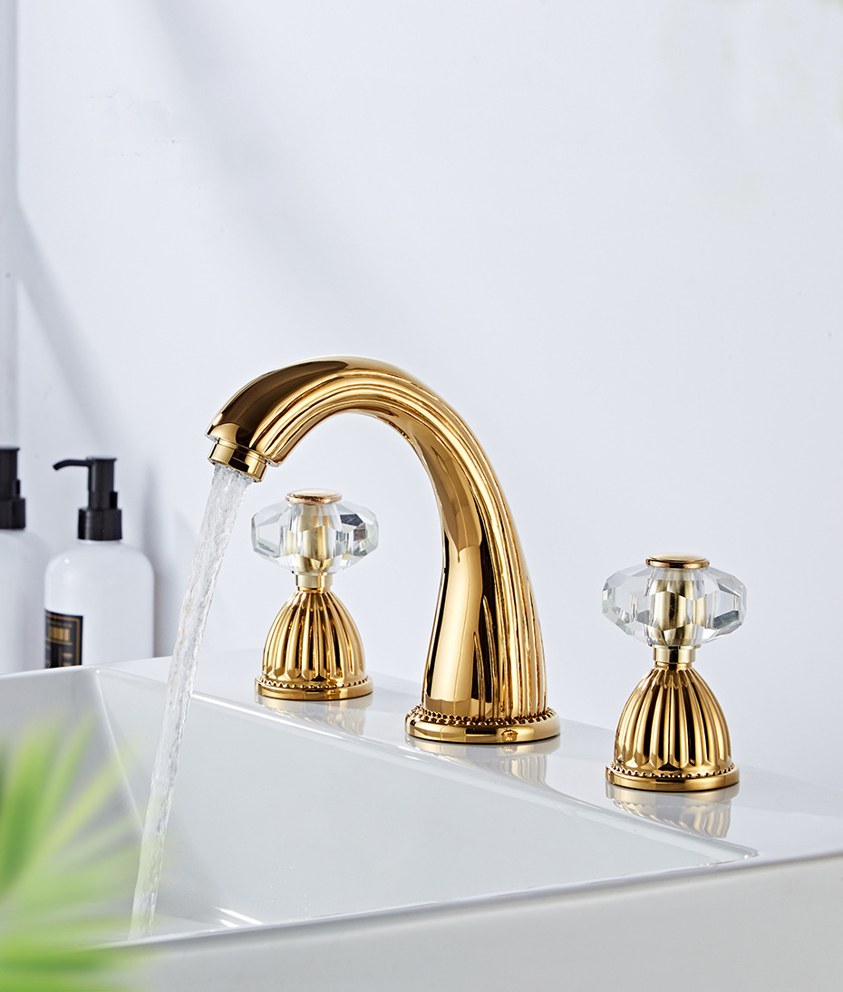 Gold Crystal 3-Hole Basin Split Faucet Bathroom Cabinet Full Copper Washbasin Under counter Basin Cold And Hot Water Faucet CF96