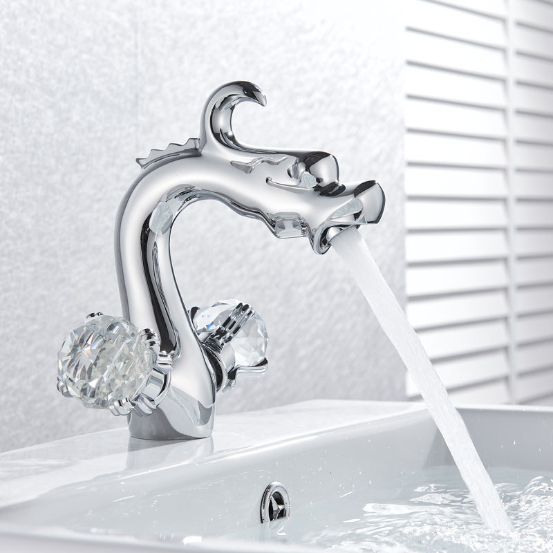 Bathroom Double Handle Gold Dragon Crystal Basin Faucet Washbasin Hot And Cold Water Deck Mount Mixer Tap XR7903