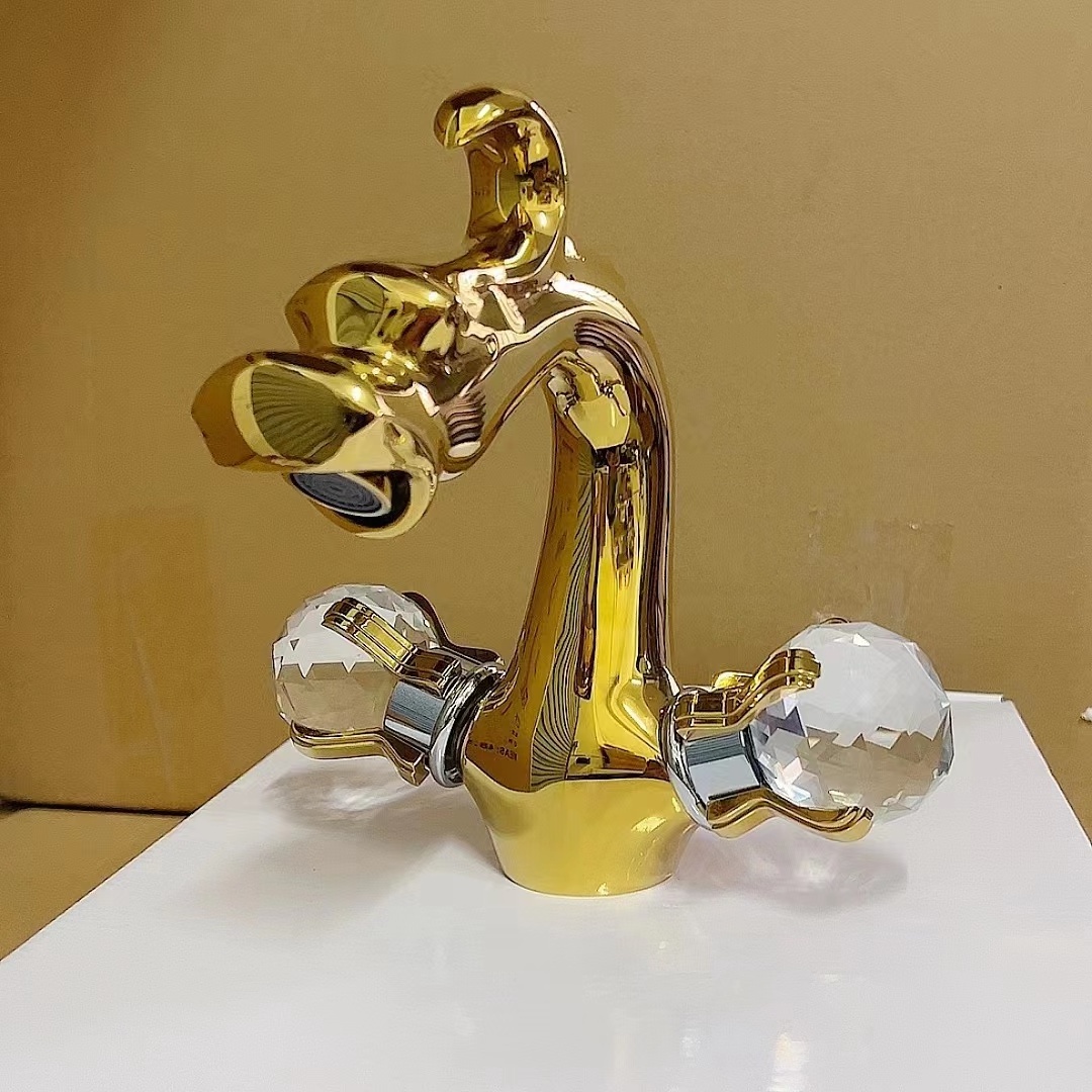 Bathroom Double Handle Gold Dragon Crystal Basin Faucet Washbasin Hot And Cold Water Deck Mount Mixer Tap XR7903