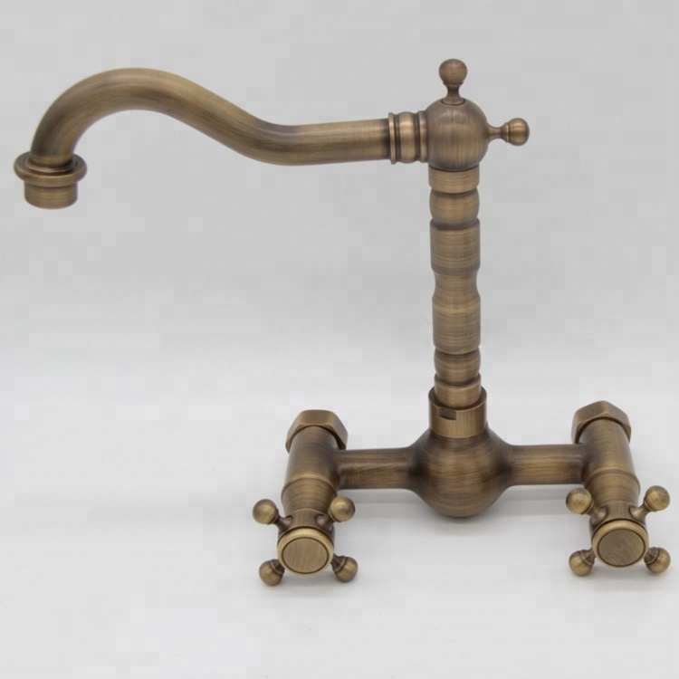 China Antique Brass Wall Mounted Kitchen Sink Taps Two Handle Bathroom and Kitchen Faucet 8118